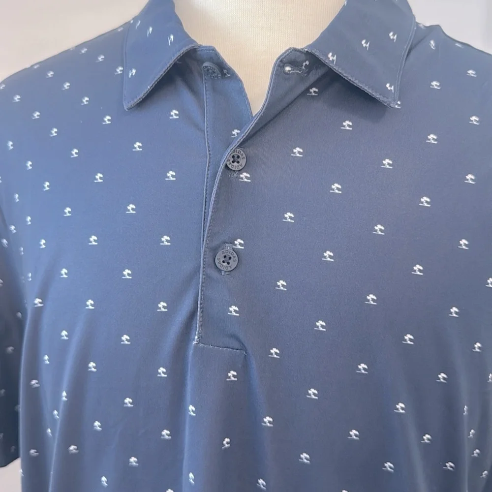 Men's Adidas Golf Polo Shirt Size L Navy Blue Pine Tree Print w/Accenture Logo - Picture 8 of 9